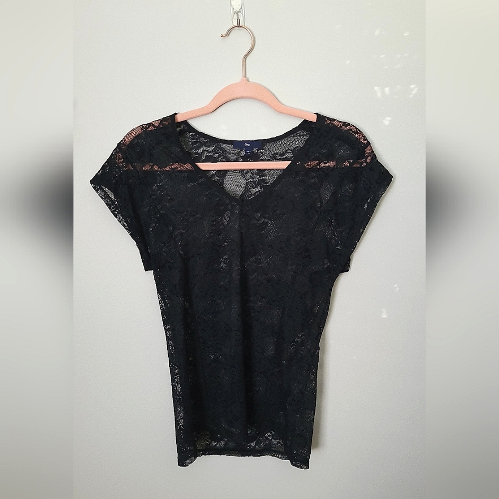 Black laced sheer V neck top